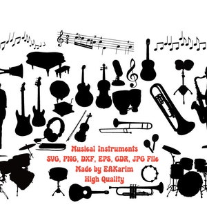 May include: Black and white silhouette images of musical instruments, including a saxophone, trumpet, guitar, piano, drums, and violin. The text "Musical Instruments" is at the bottom of the image, along with the text "SVG, PNG, DXF, EPS, GDR, JPG File" and "Made by EAKarim".