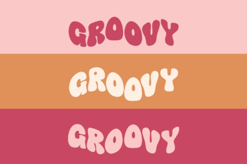Puede incluir: Tres franjas horizontales en rosa, naranja y rojo con la palabra "GROOVY" en letras blancas, rosas y blancas en cada franja.