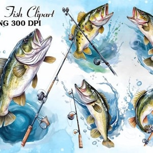 May include: Digital clipart of five watercolor illustrations of bass fish jumping out of the water with fishing rods. The fish are green, brown, and yellow with white spots. The water is blue and white.