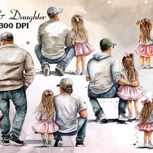 Clipart ad acquerello per la festa del papà, clipart ad acquerello per papà e figlia, festa del papà, clipart per il padre, arte della parete, padre e figlia.