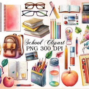 May include: A set of watercolor illustrations of school supplies, including backpacks, pencils, notebooks, glasses, and an apple. The illustrations are in a cartoon style and are perfect for use in classroom decorations, educational materials, or scrapbooking.