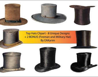 Clipart de chapeaux haut de forme en PNG, Illustrations de mode homme vintage, chapeau de magicien, chapeau de paille, éphémère victorien, téléchargement numérique, usage Commercial