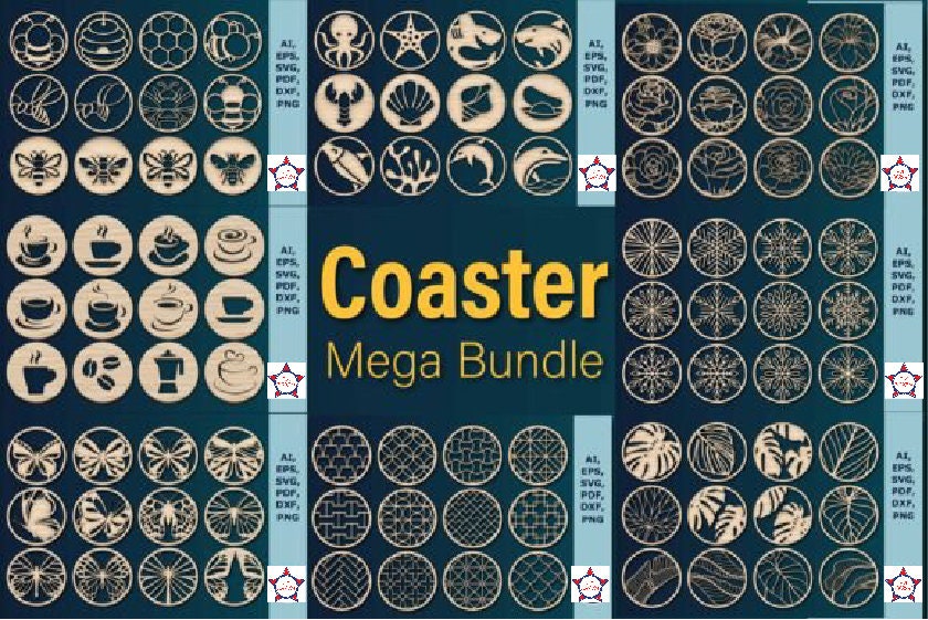 Coasters Bundle, Vector Laser cut file SVG DXF, Glowforge Laser cut template Patterns, Digital files, Instant download