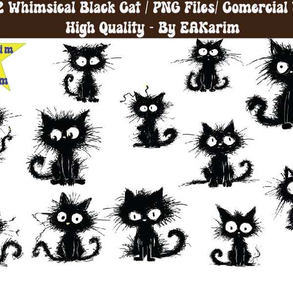 Whimsical Black Cats Clipart Bundle, Cute Graphics PNG, Digital Kitten Illustrations for Commercial use, Black cats PNG