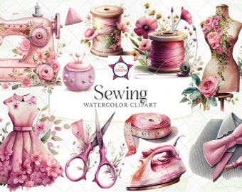 Watercolor Sewing Clipart, quilting clipart - Vintage Sewing machine clipart, Instant Download - High Quality, 11 Unique Designs