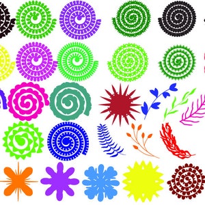 K&ouml;nnte beinhalten: Eine Sammlung von bunten, filigranen Papierschnitten in verschiedenen Formen, darunter Spiralen, Blumen, Sterne und Bl&auml;tter. Diese Designs eignen sich perfekt zum Basteln, Scrapbooking oder zum Hinzuf&uuml;gen eines Hauches von Verspieltheit zu jedem Projekt.