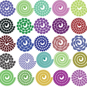 K&ouml;nnte beinhalten: Ein Set mit 36 bunten Papierblumenverzierungen in verschiedenen Blaut&ouml;nen, Gr&uuml;nt&ouml;nen, Rot, Lila, Rosa, Gelb und Schwarz. Jede Blume ist eine Spiralform mit einem wei&szlig;en Zentrum.