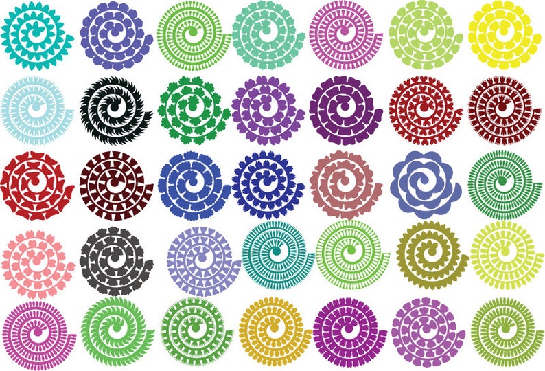K&ouml;nnte beinhalten: Ein Set mit 36 bunten Papierblumenverzierungen in verschiedenen Blaut&ouml;nen, Gr&uuml;nt&ouml;nen, Rot, Lila, Rosa, Gelb und Schwarz. Jede Blume ist eine Spiralform mit einem wei&szlig;en Zentrum.