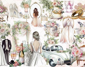Hochzeit Clipart Bundle Aquarell, transparentes PNG, Braut Bräutigam Clipart, digitaler Download, Scrapbooking Junk Journal, kommerzielle Nutzung