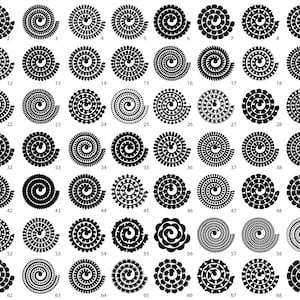 May include: A set of 70 black and white spiral designs. Each spiral is made up of a series of small, overlapping circles. The spirals are arranged in a grid pattern.