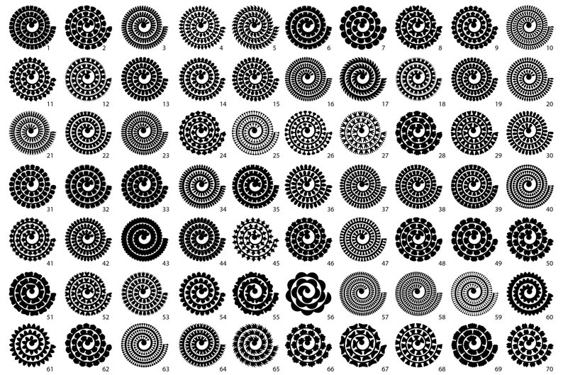 May include: A set of 70 black and white spiral designs. Each spiral is made up of a series of small, overlapping circles. The spirals are arranged in a grid pattern.
