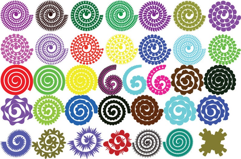 K&ouml;nnte beinhalten: Ein Set mit 36 Papierblumen-Vorlagen in verschiedenen Farben und Designs. Die Vorlagen haben die Form einer Spirale und verschiedene Muster und Texturen. Die Vorlagen k&ouml;nnen verwendet werden, um Papierblumen f&uuml;r Bastelarbeiten, Dekorationen und andere Projekte zu erstellen.