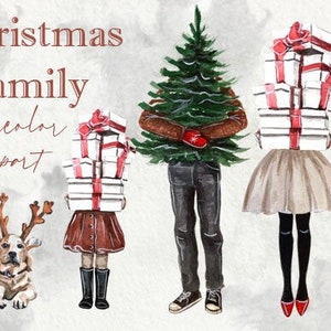 Paquete de imágenes prediseñadas familiares, imágenes prediseñadas de mamá, papá, hija e hijo PNG, imágenes prediseñadas familiares de Navidad, imágenes prediseñadas de invierno acogedoras, imágenes prediseñadas de temporada