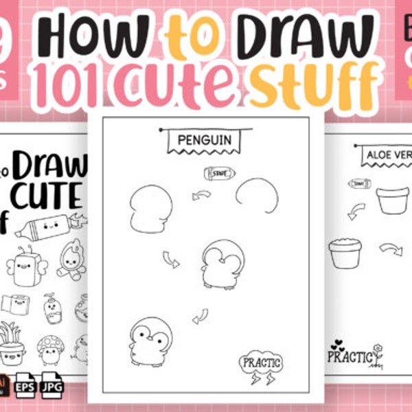 HOW TO DRAW 109 Pages Cute Stuff For Kids : printable worksheets / How-to-draw e-book / cartoon character classroom activity / kids activity