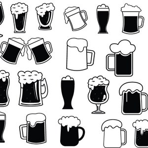 May include: A collection of black and white illustrations of beer mugs, glasses, and steins. Some of the mugs have foam on top, and some have handles.