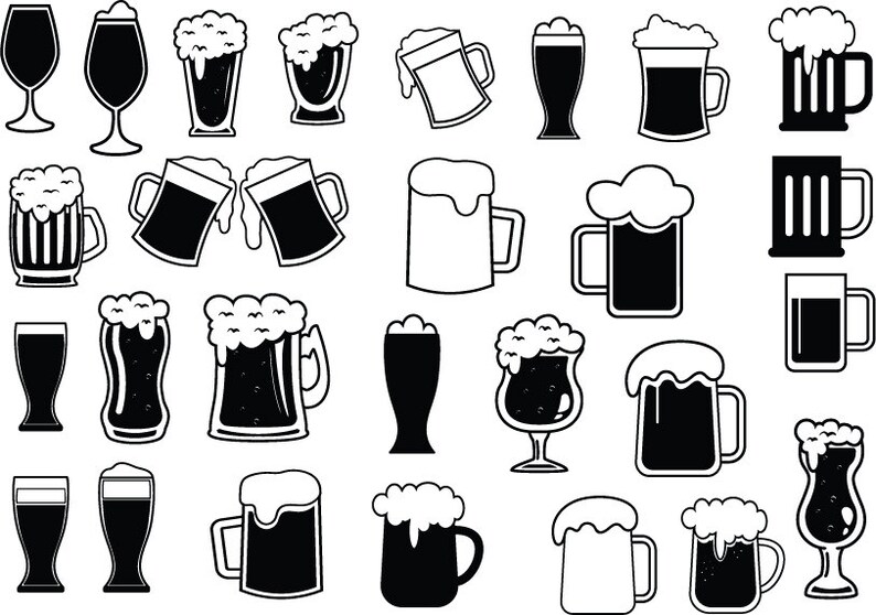 May include: A collection of black and white illustrations of beer mugs, glasses, and steins. Some of the mugs have foam on top, and some have handles.
