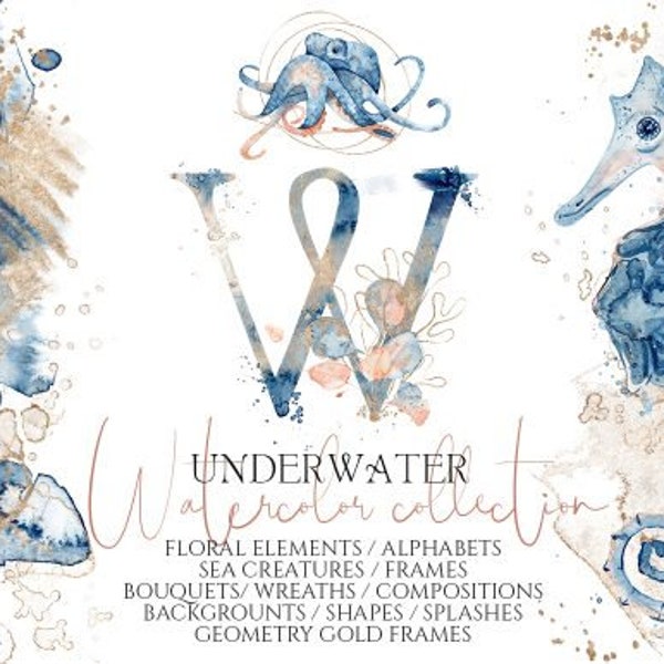 355 Watercolor Sea,Ocean Animals Clipart - Watercolor splashes,Watercolor alphabet,Watercolor shapes,Underwater Sealife, PNG, Commercial use