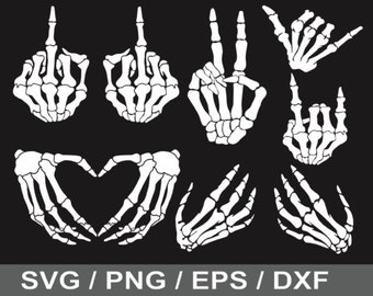 May include: Set of eight skeleton hand illustrations in various poses, including a peace sign, a heart shape, a rock and roll hand gesture, and a middle finger. The hands are white against a black background.