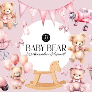 Watercolor Pink Teddy Bear Clipart Bundle, Baby Shower for a girl, Commercial use, Transparent PNGs, Pink Aeroplane Balloons