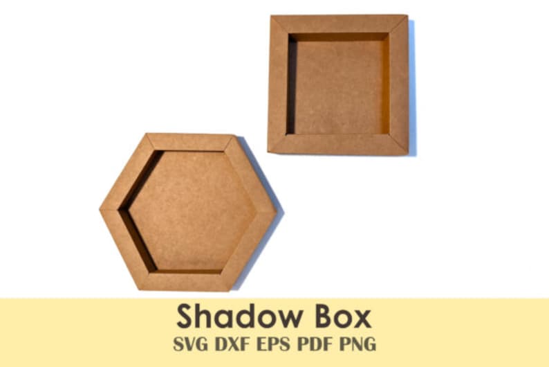 May include: Two shadow boxes, one square and one hexagonal, made of brown cardboard. The boxes are empty and ready to be decorated.
