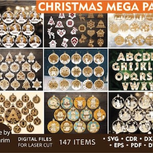 147 ADORNOS DE NAVIDAD Archivos cortados con láser Conjunto de svg y adornos navideños Glowforge, Corte láser de Navidad 3D SVG, Portavelas, linterna, letrero, soporte