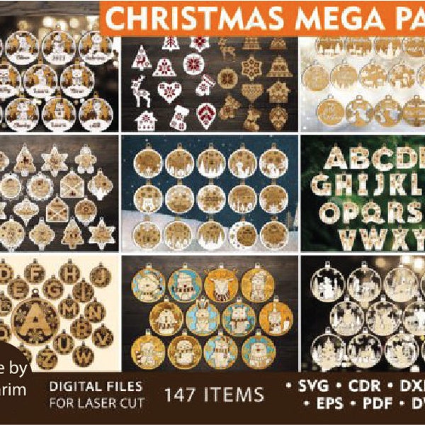 147 CHRISTMAS ORNAMENTS Laser Cut Files Svg Set and glowforge christmas ornaments, 3D Xmas lasercut SVG, Candle holder, lantern, sign, stand