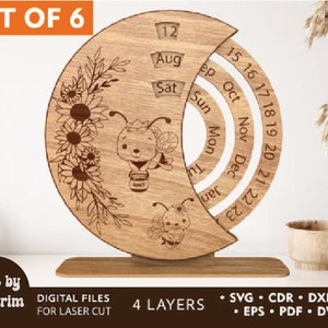 Ronde eeuwigdurende kalenderbundel, 3D kalender lasercut, eeuwige kalender glowforge, houten kalender, boho gravures, landschap SVG laser gesneden