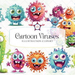 CARTOON VIRUS CLIPART, Imágenes prediseñadas de medicina, Imágenes prediseñadas de microorganismos, Imágenes prediseñadas de pandemia, Arte de virus de acuarela, Imágenes prediseñadas médicas, Uso comercial gratuito