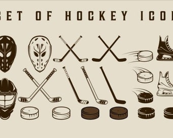 May include: A set of hockey icons, including a goalie mask, a hockey stick, a puck, and a pair of ice skates. The icons are in black and white and have a vintage look.
