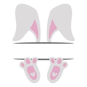 May include: A white bunny rabbit ear and paw print split monogram design. The ears are gray with pink insides. The paws are white with pink pads and a small pink heart on each.