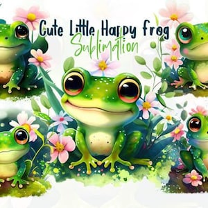 May include: A watercolour illustration featuring five cartoon frogs with big eyes, set amongst pink and white flowers and green leaves. The text "Cute Little Happy Frog Sublimation" is at the top. The image is labelled "300 DPI".
