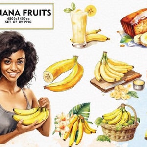 Aquarell Bananen Clipart - PNG Clip Art Bundle - Aquarell - Realistischer Stil - Bananen - Tropische Früchte - Einladungen - Social Media