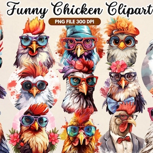 Imágenes prediseñadas de POLLOS DIVERTIDOS: Clip art de granja, Archivos digitales, 15 PNG transparentes, Impresión occidental de sublimación, Diseño imprimible, Sublimación de pollo.