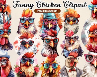 FUNNY CHICKENS clipart: Farm Clip art, Digital files, 15 Transparent PNGs, Sublimation Western print, Printable design, Chicken sublimation.