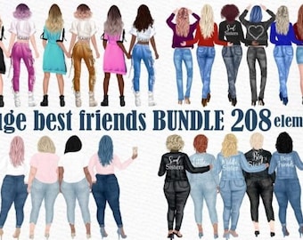 Può includere: Un set di 208 illustrazioni digitali di migliori amiche. Le illustrazioni mostrano donne di diversi tipi di corpo e tonalità della pelle che indossano jeans e abiti casual. Alcune delle illustrazioni includono testo come "Best Friends", "Big Sister" e "Little Sister".