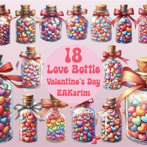Bundle de cliparts aquarelle bouteille romantique - 18 images Jalar de la Saint-Valentin PNG, graphiques Sweet Love, téléchargement numérique instantané, commercial