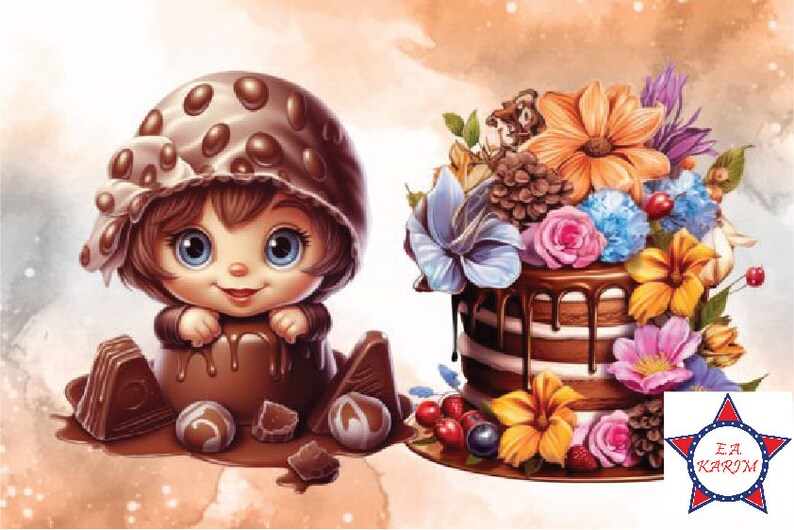 K&ouml;nnte beinhalten: Eine fantasievolle Illustration eines Schokoladenkuchens, der mit bunten Blumen verziert ist, und einer niedlichen Comicfigur, die einen Schokoladenhut tr&auml;gt und in einer Schokoladenschale sitzt.