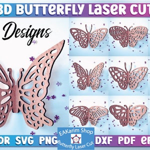 Borboleta 3D cortada a laser SVG | Design SVG com corte a laser de borboleta, gravação a laser, cdr svg png dxf pdf eps