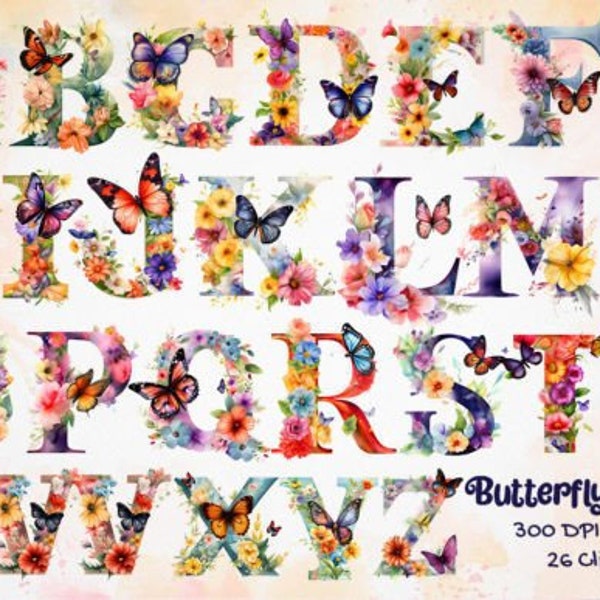 WATERCOLOR Butterfly Alphabet, Butterfly letters PNG, Butterfly Cliparts, Graphics, T-shirts, Gadgets, Butterfly png Instant download.