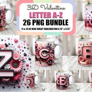 Pacchetto involucro tazza 3D con alfabeto, involucro tazza alfabeto, modello senza cuciture alfabeto 3D, modello involucro tazza, sublimazione involucro tazza di San Valentino