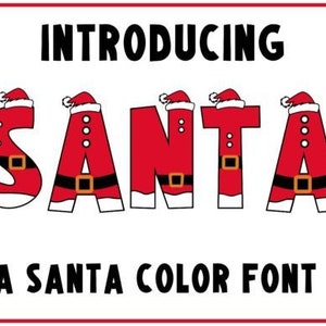 Op de afbeelding: Introductie van Santa, een Santa-kleurenlettertype. Het woord "SANTA" is gespeld in rode letters met een witte rand. Elke letter is gevormd als een kerstman met een witte baard, een zwarte riem en een rood pak.