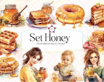 Watercolor Honey Clipart, Nursery decor, Summer Clipart, Fall Clipart, PNG, Kitchen Decor, Honey cake, Honeybee Png, honeycombs, Honey Jar.