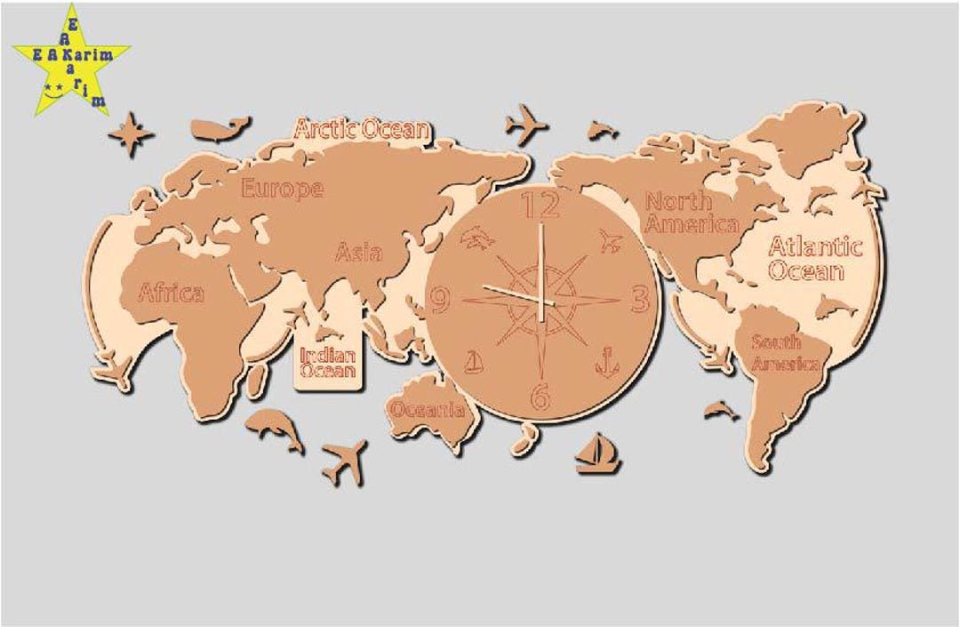 Clock World Map Svg Laser Cut File Engraving Pattern and Engraved Map ...
