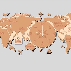 May include: A wooden world map clock with a compass design in the center. The map is in shades of brown and beige, with the continents and oceans labeled. The clock face is a circle with Roman numeral hour markers and a minute hand.