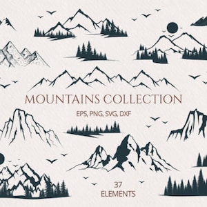 Paquete SVG de montañas / Amplia variedad de siluetas de paisajes naturales / Imágenes prediseñadas de cadenas montañosas / Uso comercial, descarga instantánea