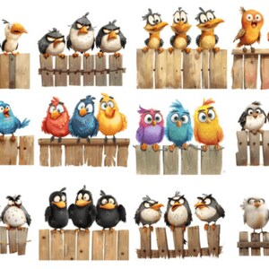 FUNNY BIRDS In Wooden Fence Clipart Bundle, Funny Cute Bird Png Bundle, Watercolor Birds Clipart Png, Funny Birds Sublimation Png. image 3