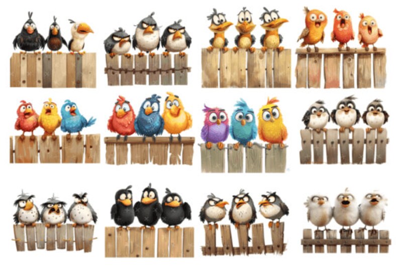 FUNNY BIRDS In Wooden Fence Clipart Bundle, Funny Cute Bird Png Bundle, Watercolor Birds Clipart Png, Funny Birds Sublimation Png. image 3