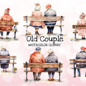 Heureux vieux Couple mignon Chibi, Saint Valentin, romantique grand-père et grand-mère Chibi, assis canapé lit, Couple Clipart, PNG numérique
