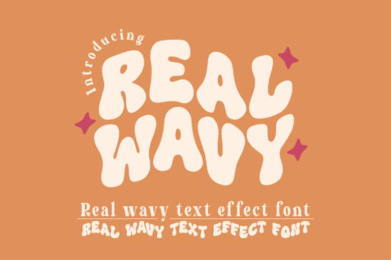 Puede incluir: Presentaci&oacute;n de Real Wavy, una fuente con un efecto de texto ondulado. El texto es blanco y el fondo es naranja. El texto est&aacute; en un estilo divertido y juguet&oacute;n.