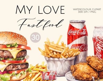 Watercolor Fast Food Clipart Bundle, Transparent PNG Digital Image format for instant download for commercial use, Scrapbook, Burger,Hot dog